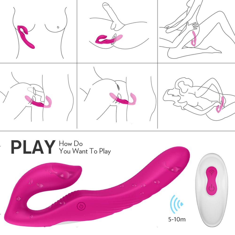 Remote Control Strapless Strap on Dildo Dual Vibrator 9 Speeds