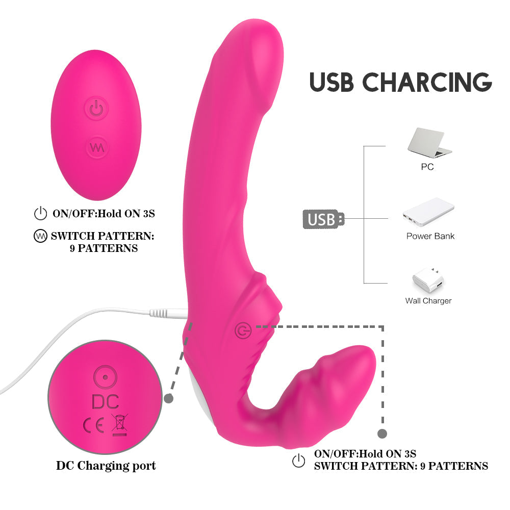 Remote Control Vibrating Strapless Strap on Silicone Dildo 9 Modes