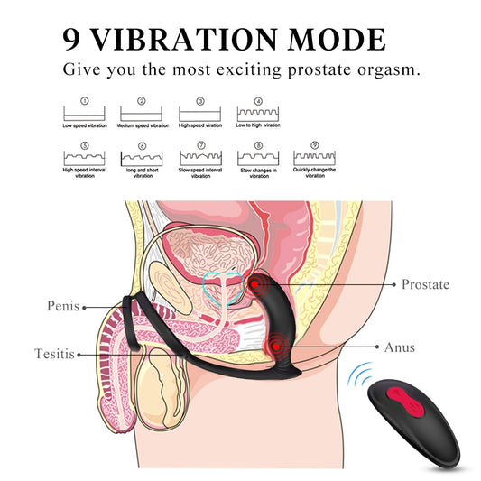 9 Modes Prostate Massager Vibrator with Penis Ring P-Spot Anal Plug