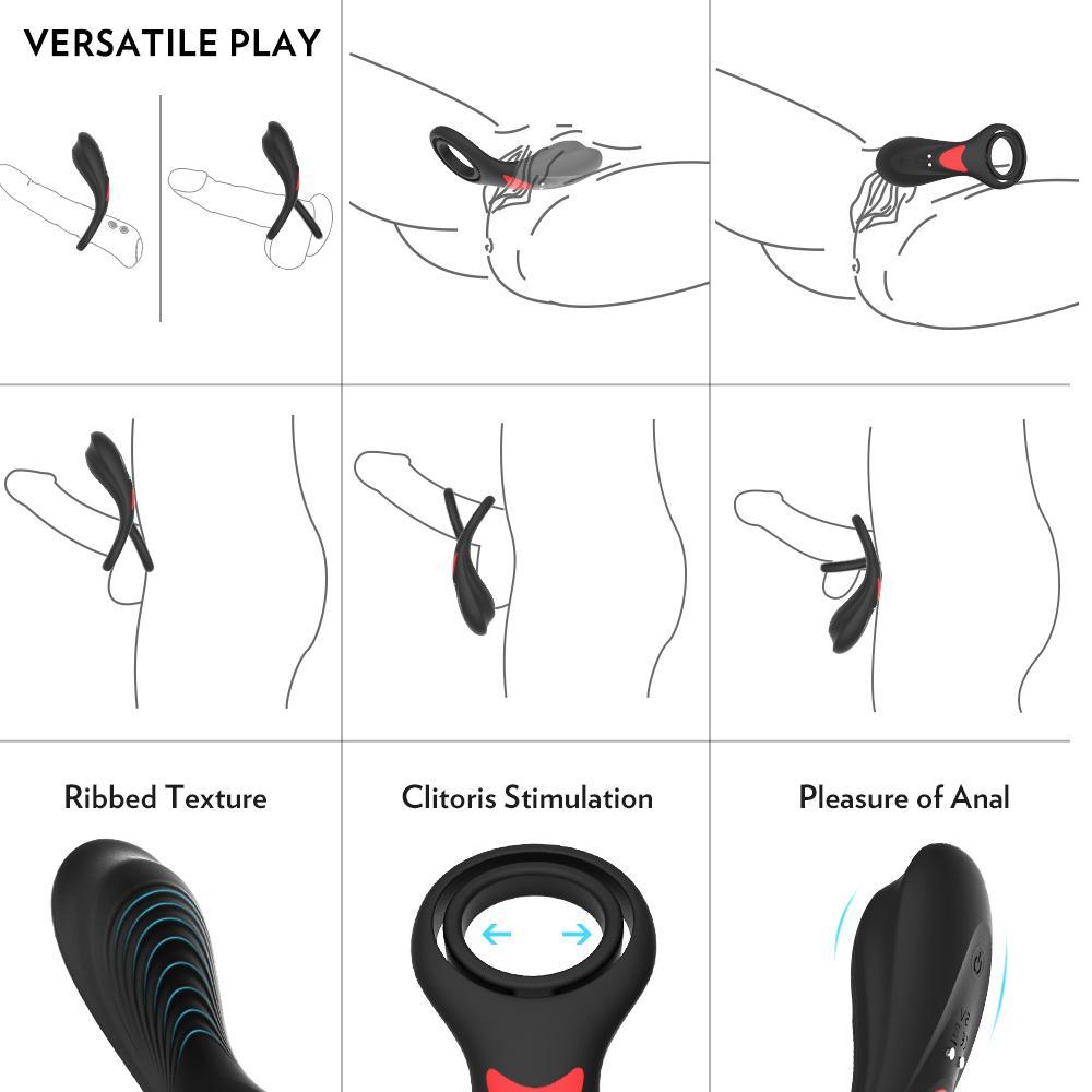 3 in 1 Rechargeable Ball Loop Vibrating Dual Cock Ring 9 Patterns