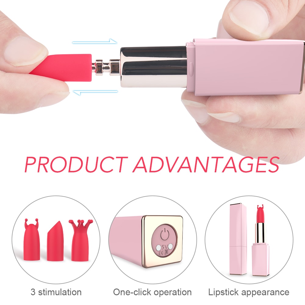 9 Modes Bullet Vibrator Discreet Lipstick with 3 Shape Silicone Heads